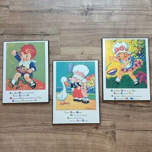 Vintage Ruth E Newton Baby Nursery Rhyme Illustrations Wall Plaque Prints Set 3